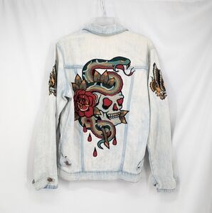 Reason Snakes And Roses Embroidered Denim Jacket Mens Size Medium